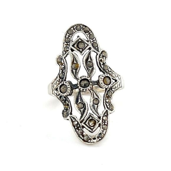 Sterling Silver 925 Oval Shaped Marcasites Ring - Picture 1 of 9